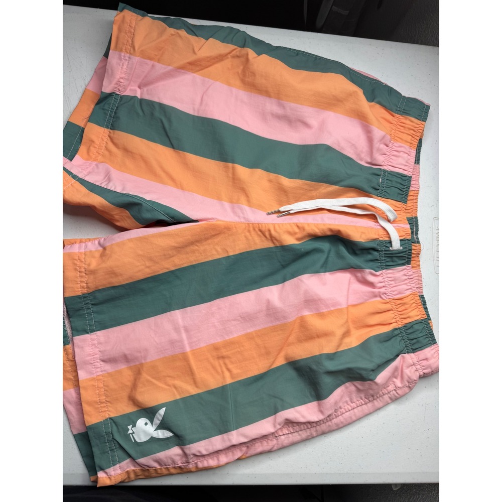 Playboy by PacSun Mens Striped Swim Trunks Pink Orange Teal Bunny Logo Size M